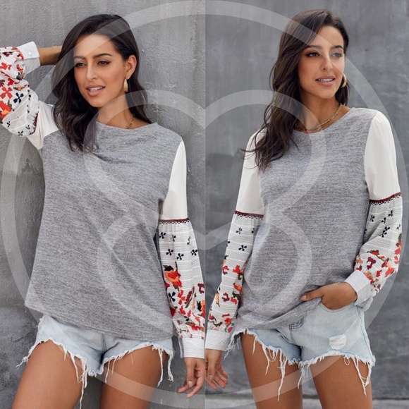 Tops - boho chic floral print sleeve Blouse - GREY